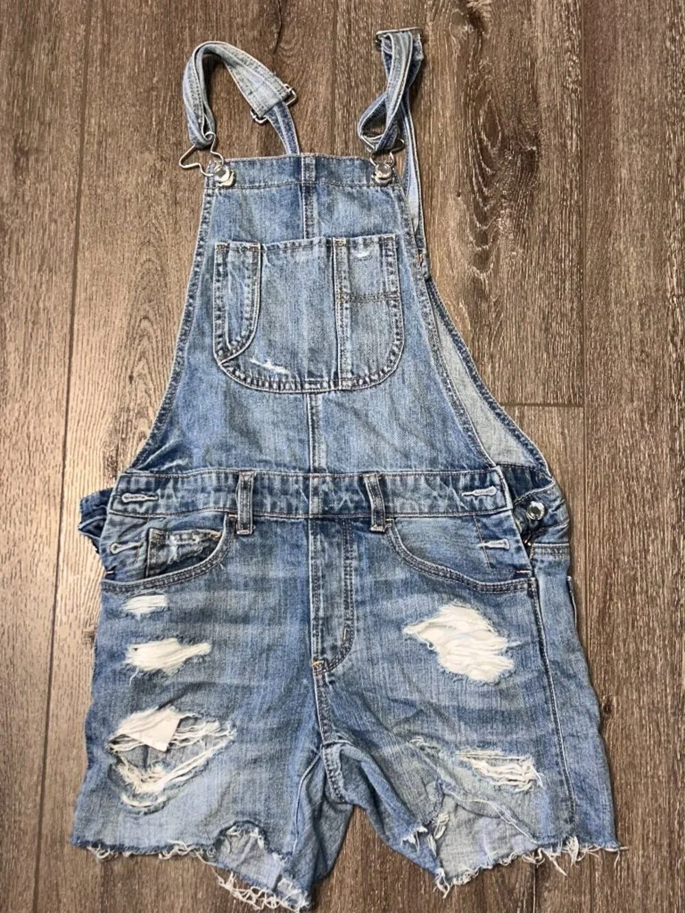 American Eagle Tomgirl Shortall Overalls Blue Denim Womens Size XXS Distressed